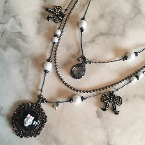 Betsey Johnson Layered Skull + Bows Necklace